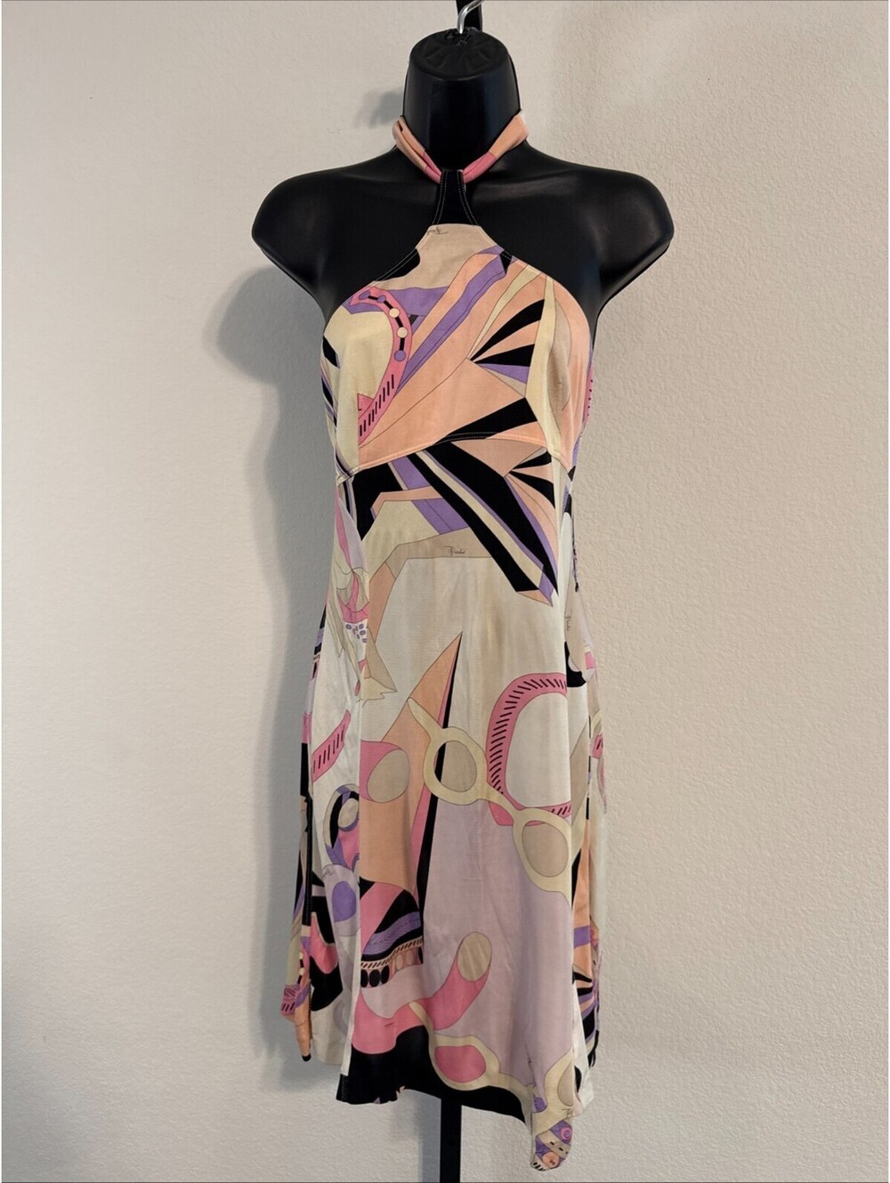 AUTH VTG Emilio Pucci 100% Silk Halter Tie Open Back Print Dress Italy 40/ US 6